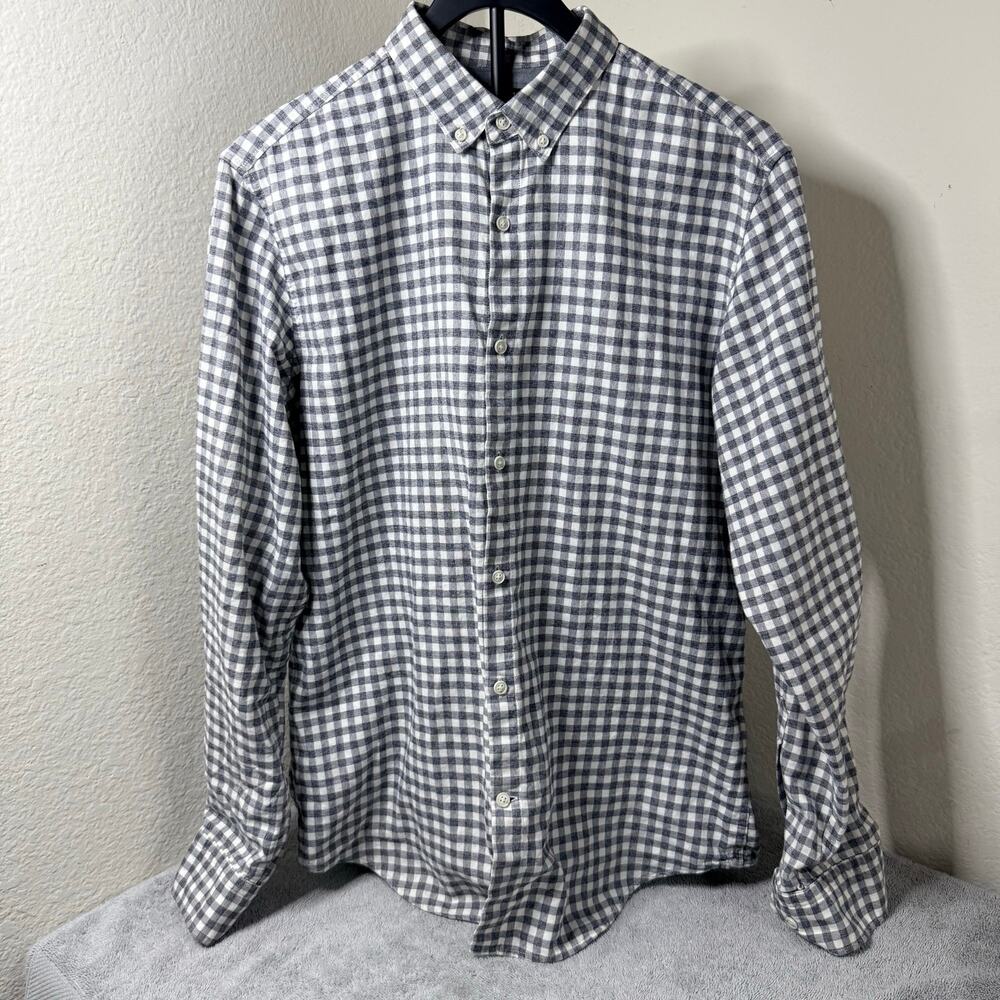Banana Republic Luxe Flannel Shirt Men's M Tall Gray Gingham Camden Fit
